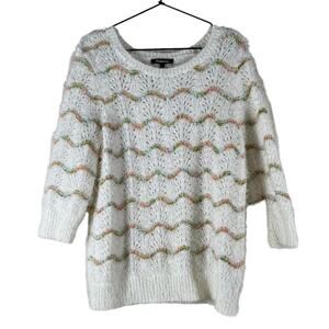 Relativity Womens Open Knit Crew Neck 3/4 Sleeve Eyelash Cream Sweater Large